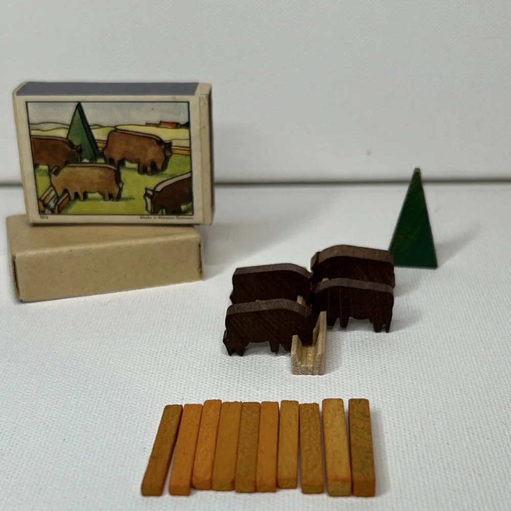Vintage Wooden Buffalo Play Set w/ 4 Figures, Fence & Tree, Made Western Germany